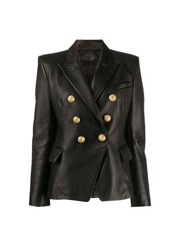 Women Buttoned Style Blazer Leather Coat - Zellberry