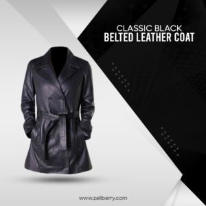 Classic Black Belted Leather Coat