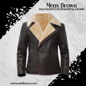 Mens Brown Asymmetrical Shearling Jacket