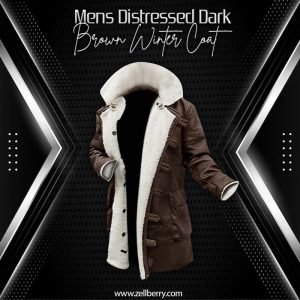 Mens Distressed Dark Brown Winter Coat