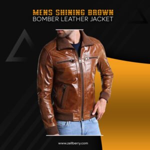 Mens Shining Brown Bomber Leather Jacket