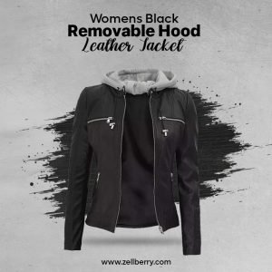 Womens Black Removable Hood Leather