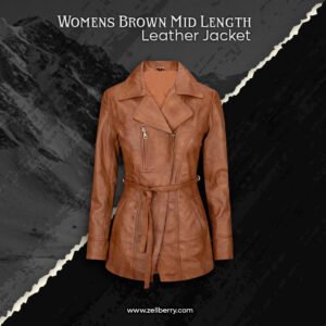 Womens Brown Mid Length Leather Jacket