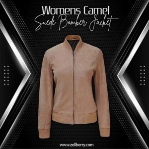 Womens Camel Suede Bomber Jacket