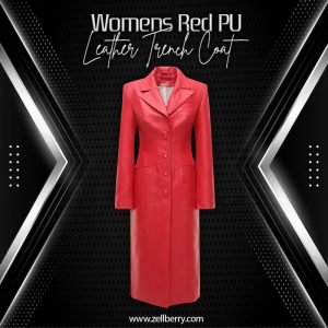 Womens Red PU Leather Trench Coat