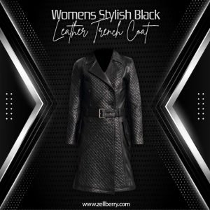 Womens Stylish Black Leather Trench Coat