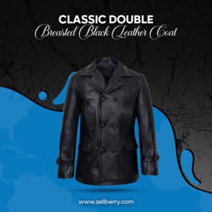 Classic Double Breasted Black Leather Coat