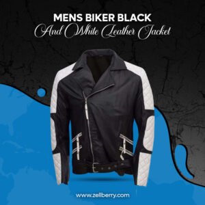 Mens Biker Black And White Leather Jacket