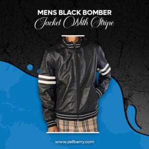 Mens Black Bomber Jacket With Stripe