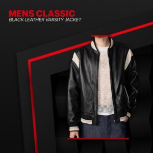 Mens Classic Black Leather Varsity Jacket