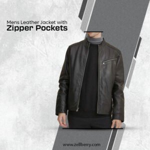 Mens Leather Jacket with Zipper Pockets