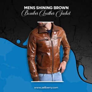 Mens Shining Brown Bomber Leather Jacket