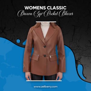 Womens Classic Brown Zip-Pocket Blazer