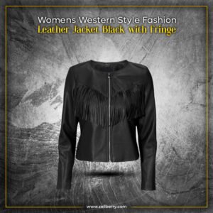 Womens Western Style Fashion Leather Jacket Black with Fringe