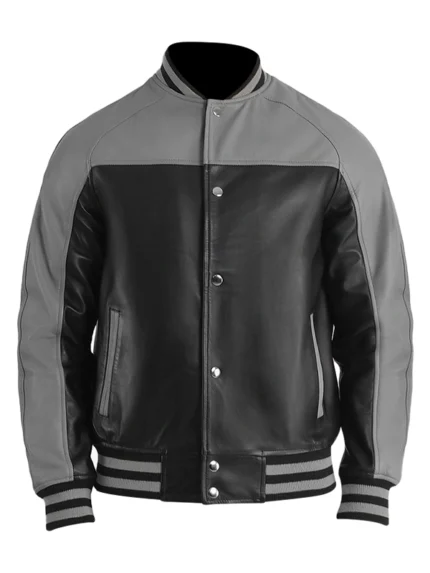 Black And Grey Leather Varsity Jacket