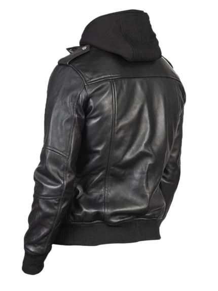 Bravado Black Hooded Leather Bomber Jacket Back