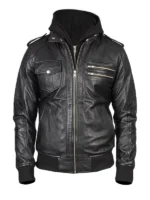 Bravado Black Leather Bomber Jacket With Hood