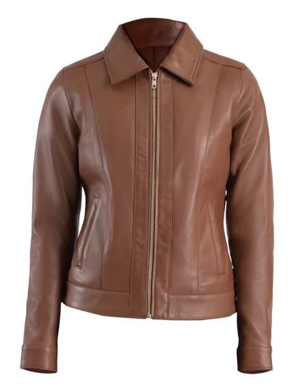 Brown Classic Leather Jacket With Collar