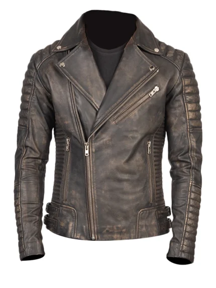 Distressed Brown Leather Biker Jacket - Armand