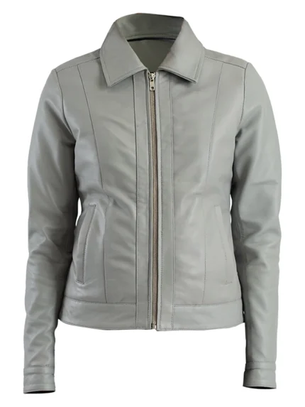 Grey Classic Leather Jacket With Collar