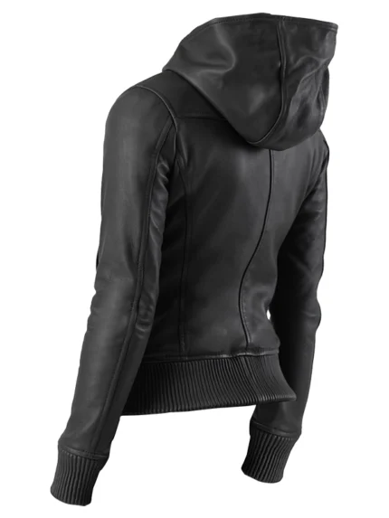 Luna Black Hooded Leather Bomber Jacket back