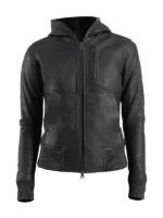 Luna Black Leather Bomber Jacket With Hood