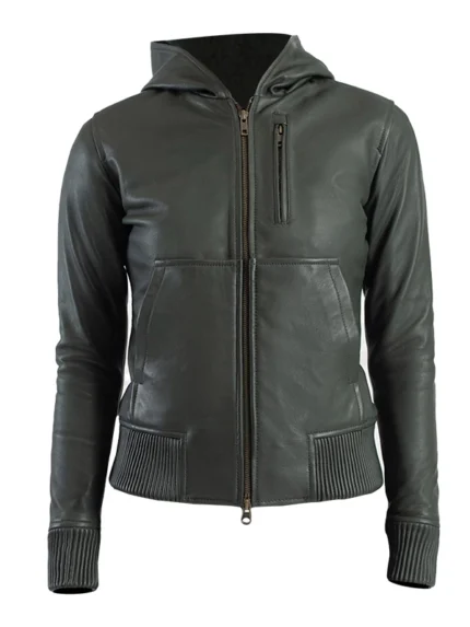 Luna Green Leather Bomber Jacket With Hood