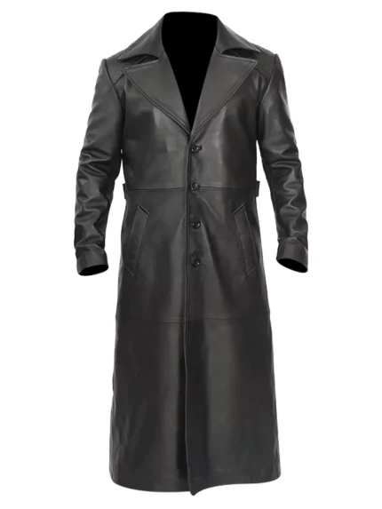 Mens Black Leather Full Length Trench Coat