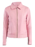 Pink Classic Leather Jacket With Collar