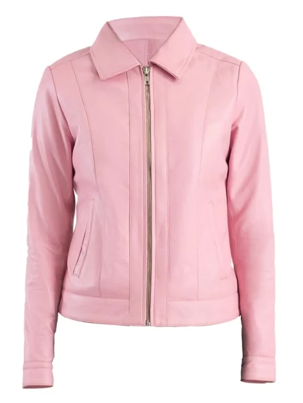 Pink Classic Leather Jacket With Collar