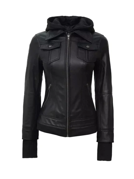 Womens Black Hooded Leather Bomber Jacket 1