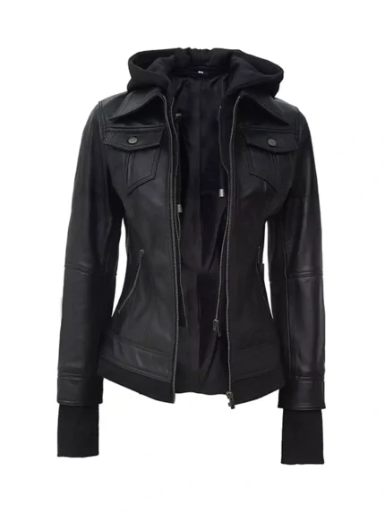 Womens Black Hooded Leather Bomber Jacket