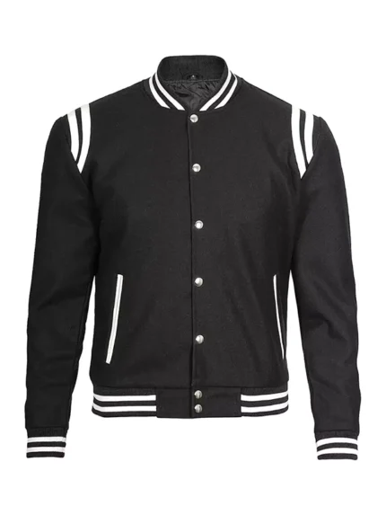 Wool Blend - Black Letterman Jacket With White Detailing