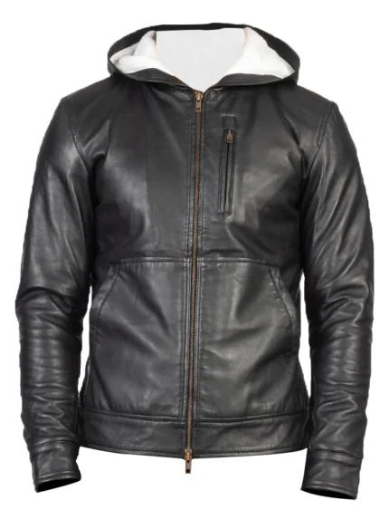 Baston Black Hooded Leather Bomber Jacket front