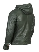 Baston Green Leather Bomber Jacket with Hood back