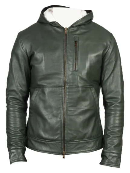 Baston Green Leather Bomber Jacket with Hood front