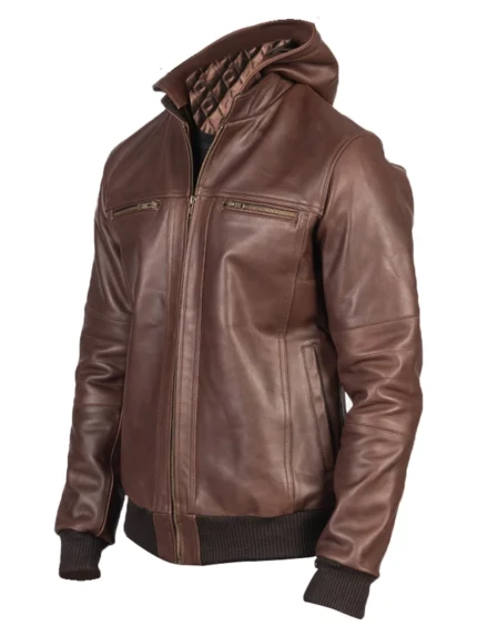 Bouncer Biz Brown Leather Bomber Jacket Front