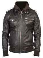 Bravado Brown leather hooded bomber jacket​front