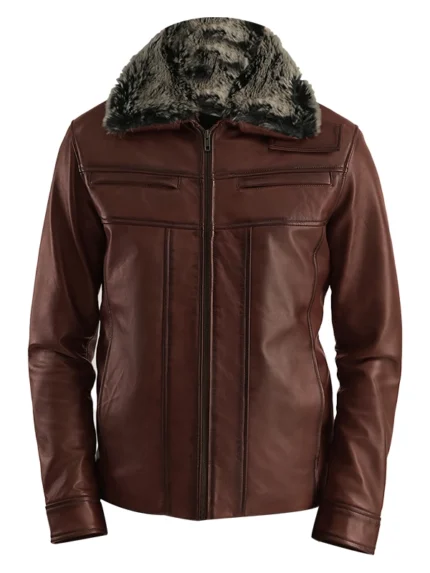 Evan Hart Brown Leather Jacket with Fur Front Side