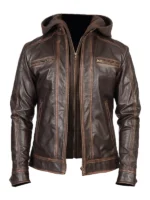 Hector Vintage Brown leather hooded biker jacket​ front