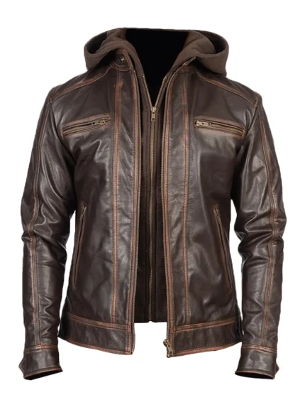 Hector Vintage Brown Hooded Leather Biker Jacket front