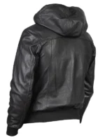 Nintenzo Mens Black Leather Hooded Bomber Jacket back