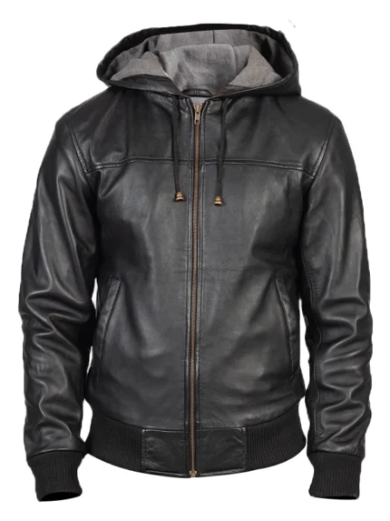 Nintenzo Mens Black Leather Hooded Bomber Jacket front