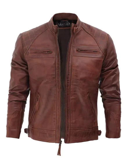 Distressed Brown Lambskin Cafe Racer leather Jacket Front Side