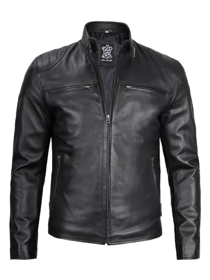 Mens Black Lambskin Cafe Racer Jacket Back Side