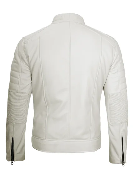 Mens Off White Cafe Racer Leather Jacket Back Side