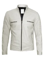 Mens Off White Cafe Racer Leather Jacket Front Side