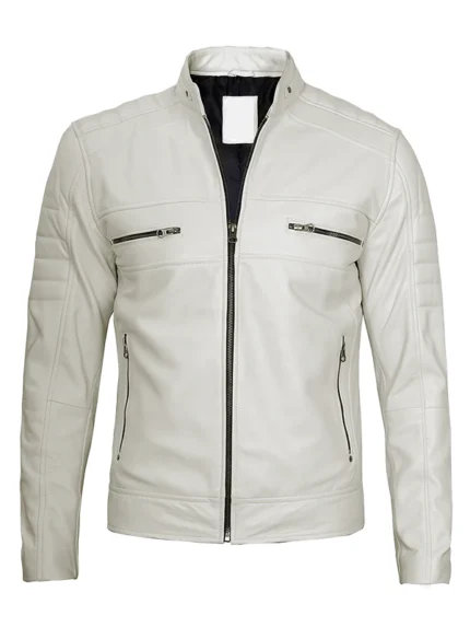 Mens Off White Cafe Racer Leather Jacket Front Side