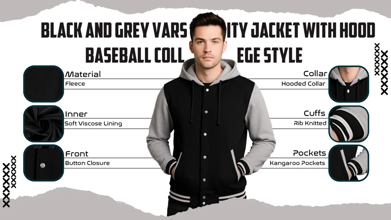Black and Grey Varsity Jacket with Hood Baseball College Style