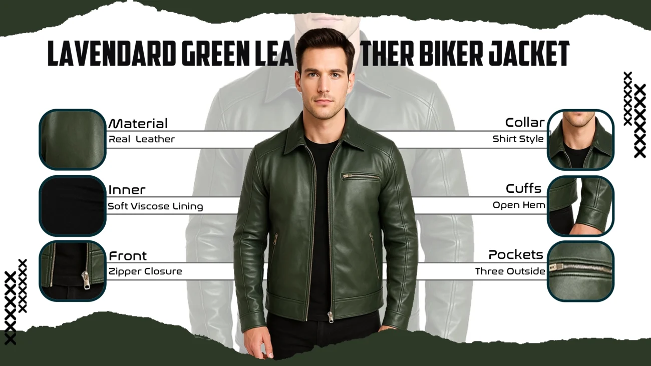 Lavendard Green Leather Biker Jacket
